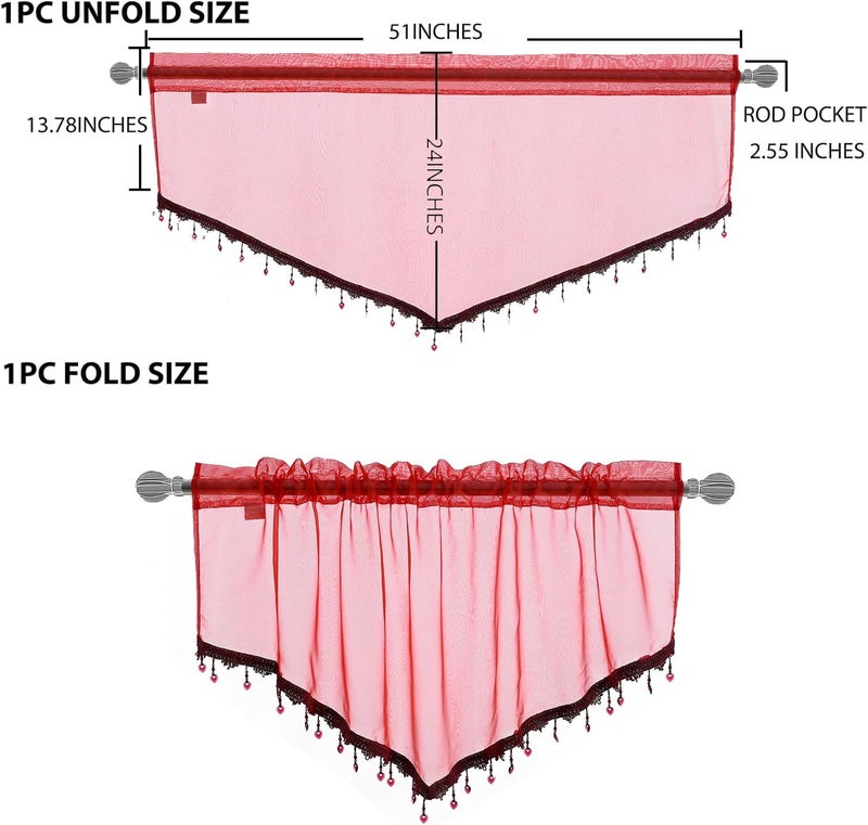 PearAge Beaded Sheer Valance Curtains for Living Room,Rod Pocket Farmhouse Window Valance, Bead Trim Tassel Voile Sheer Curtain Valance for Bedroom Bathroom Cafe 51x24 Inches (Red) 1PC - Image 2